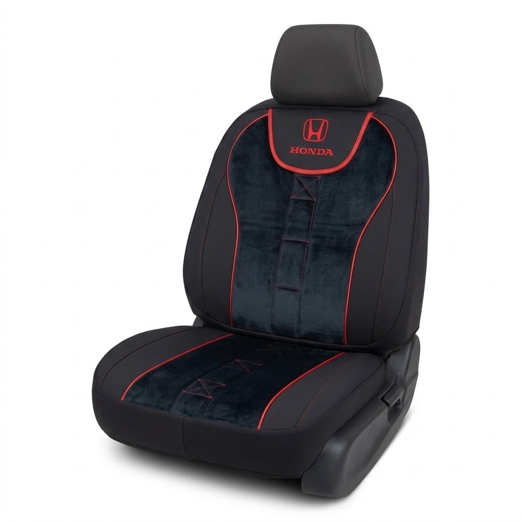 Honda Logolu Kadife Oto Koltuk Kılıfı (Siyah-Kırmızı)