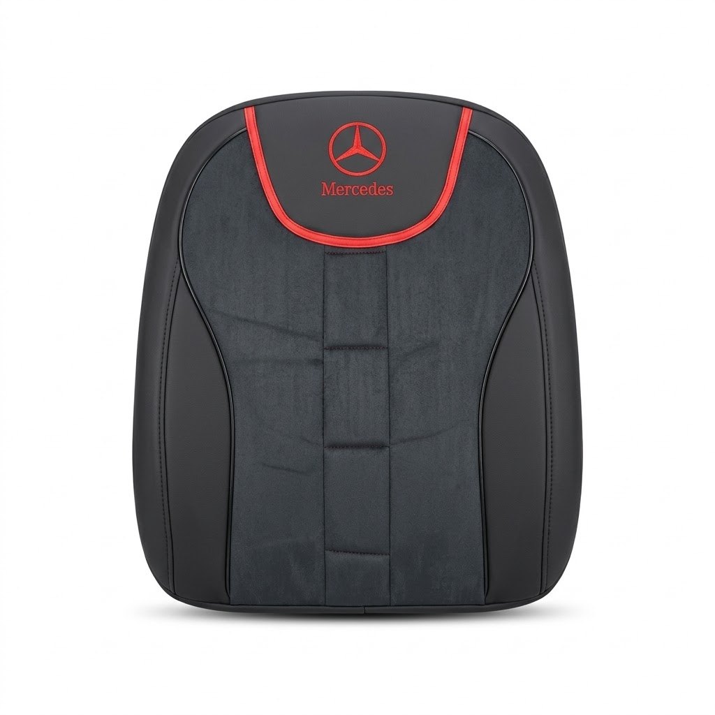 Mercedes Logolu Kadife Oto Koltuk Kılıfı (Siyah-Kırmızı)